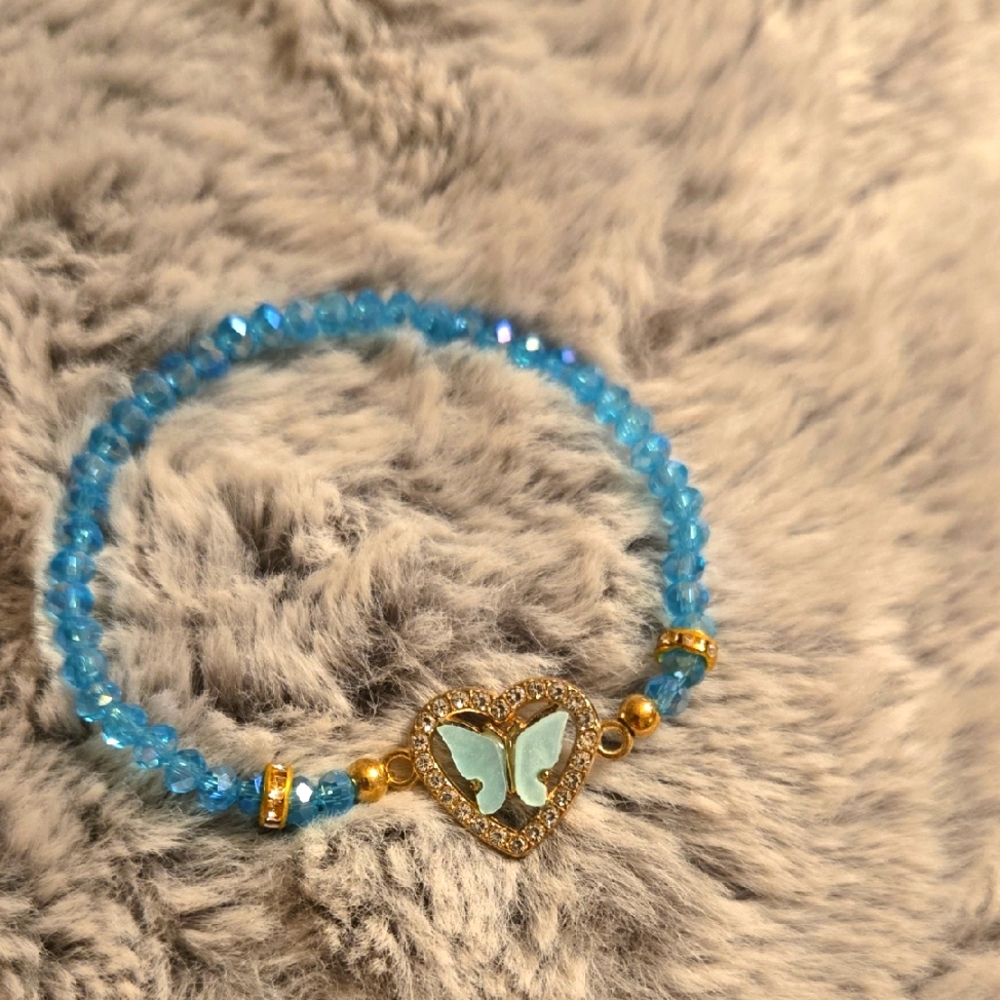 New Gorgeous Crystal Blue & Gold Butterfly Stretch Girls Bracelet
